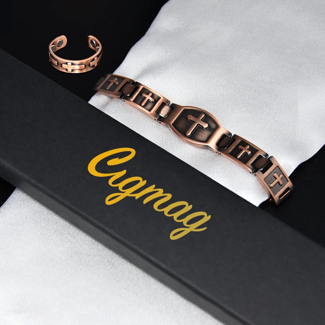 Cigmag Copper Bracelet for Men Double Row Ultra Strength Magnets Pure Copper Magnetic Bracelet & Ring with Adjustable Sizing Tool (Cross)