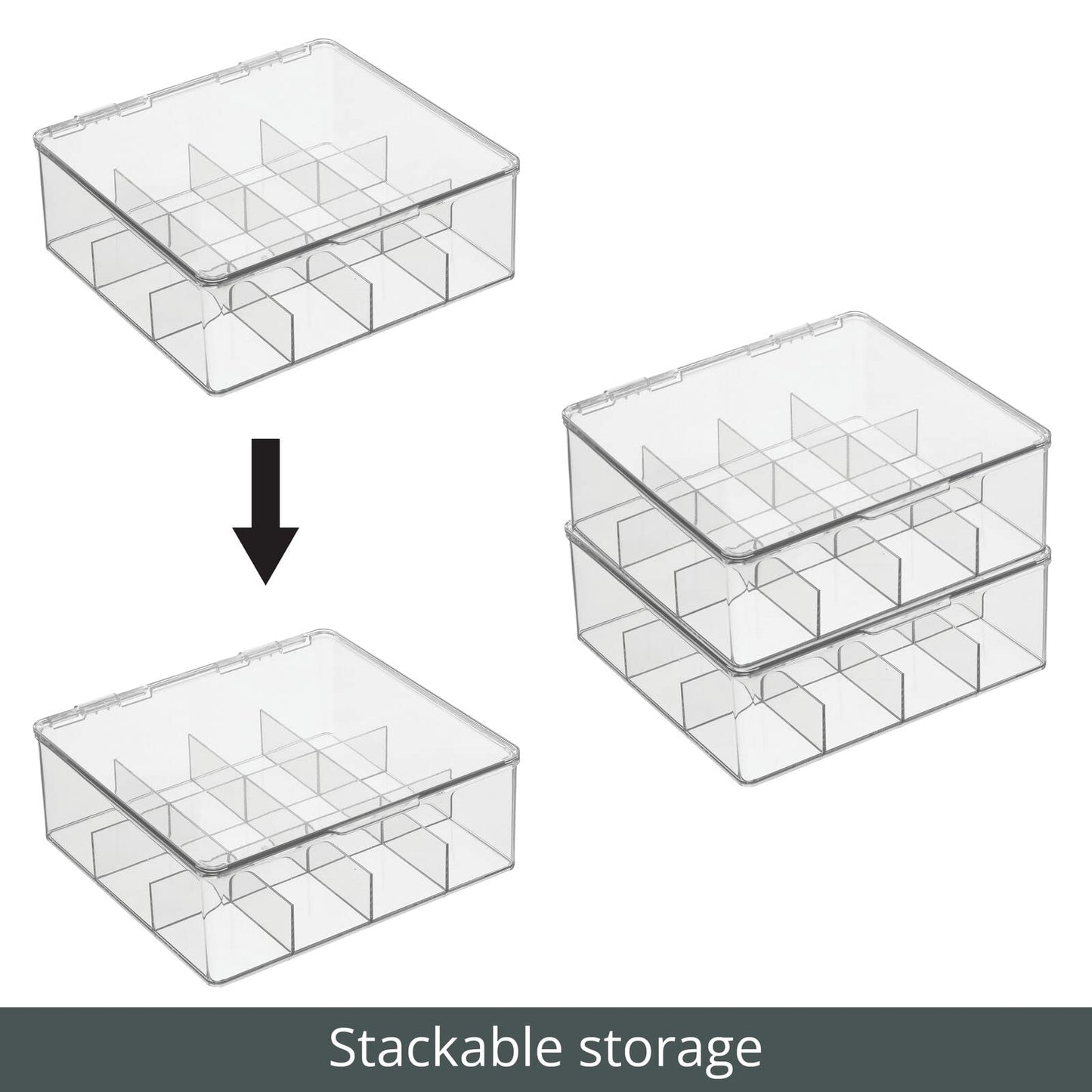 mDesign Plastic Kitchen Organiser — Practical Storage Box with 12 Compartments and Hinged Lid — Pantry Storage Box with Lid for Tea, Coffee, Spices and Other Foodstuffs — Clear