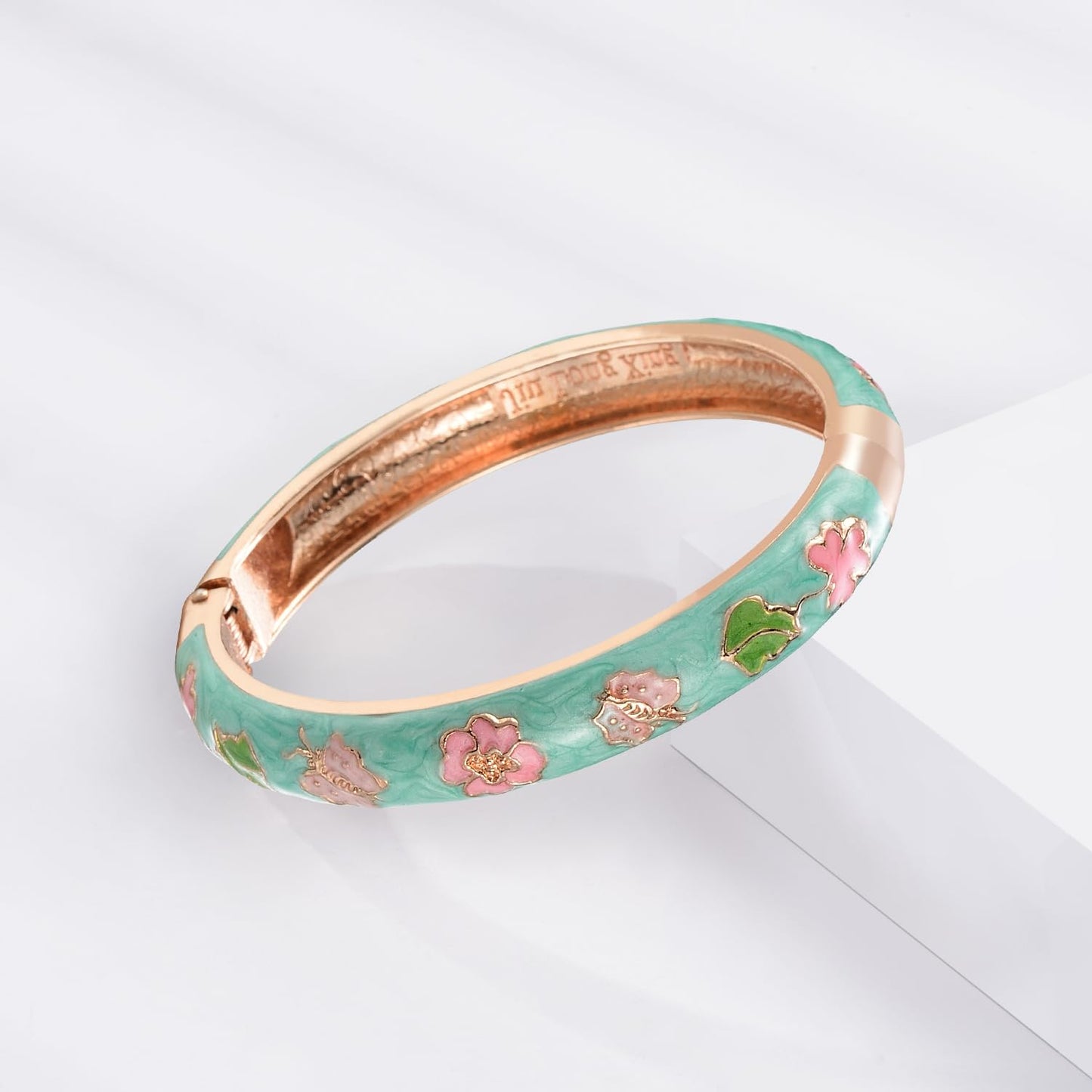 UJOY Vintage Cloisonne Jewelry Bracelet Plated Handmade Bead Rhinestones Enamel Spring Cuff Bangles 2 Pcs Set for Womens Gift 7735-55A67 Pink