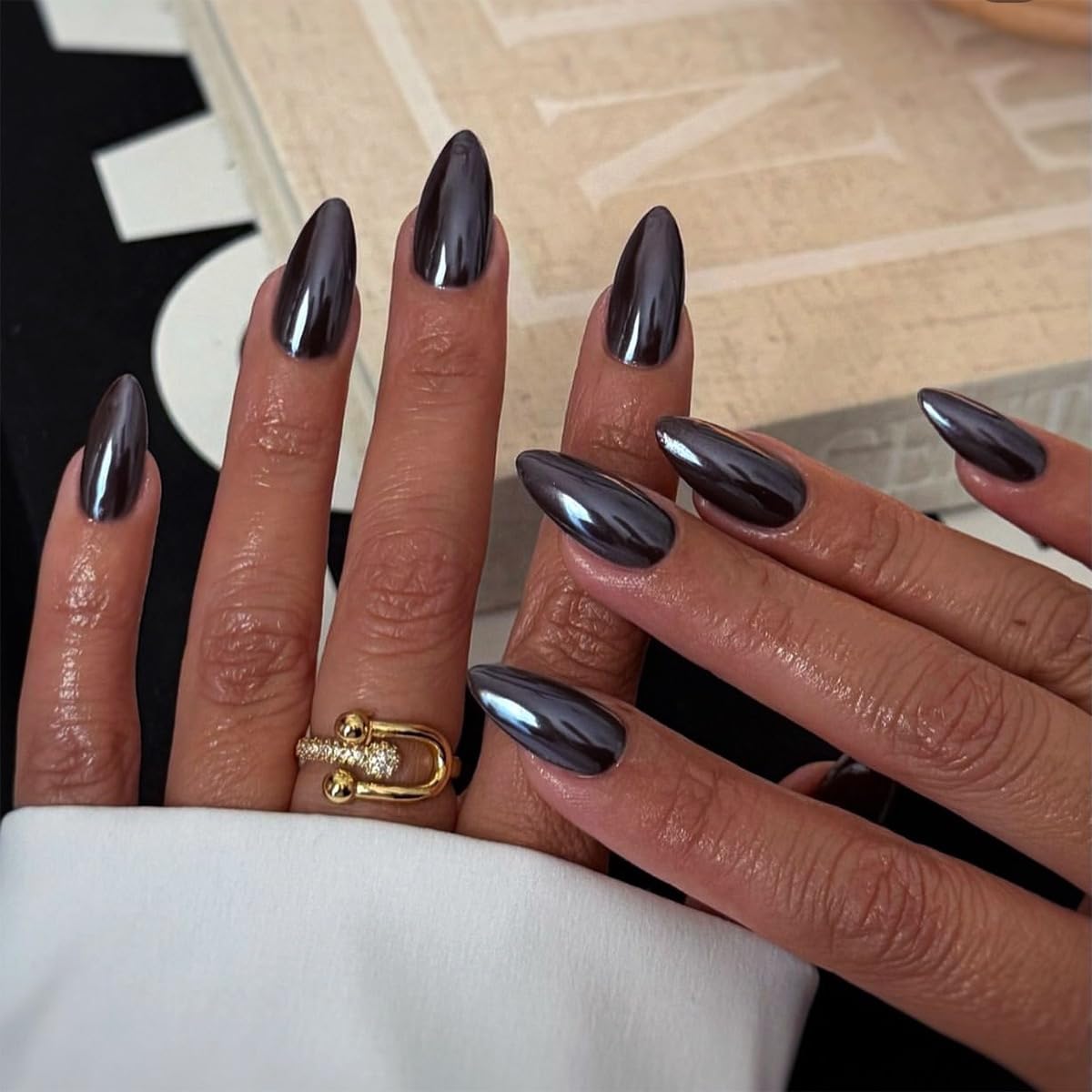 Black Press on Nails Almond - Medium Fake Nails with Chrome Design - Glossy Full Cover Stick on False Nails for Women 24 Pcs