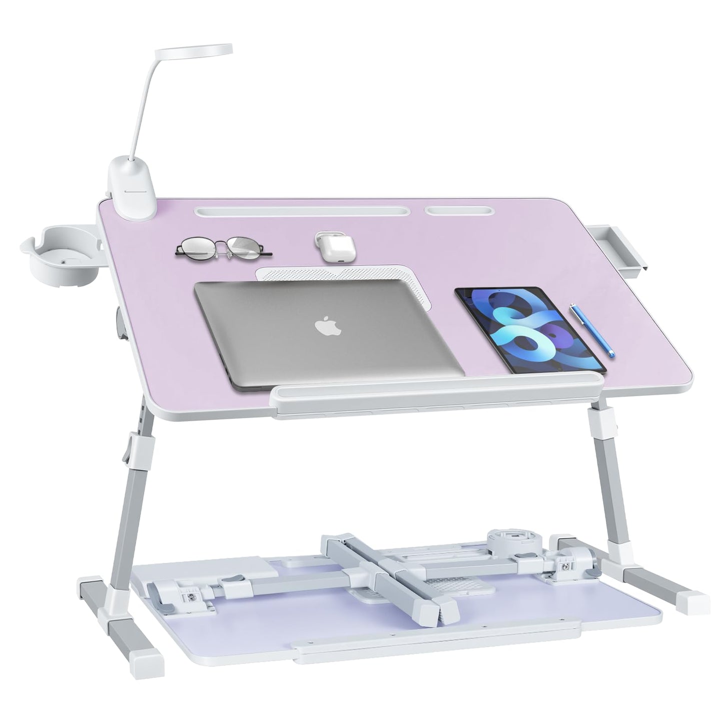 iXTRA Laptop Lap Desk with Cooling Fan - Adjustable Bed Desk with Light, Bed Table with Cup Holder&Phone Holder - Storage Drawer Desk - Folding Bed Desk,Purple,70x45cm