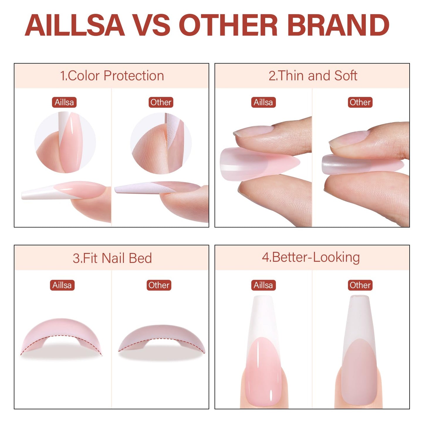 AILLSA French Gel Nail Tips, 180 Pcs French Tip Press On Nails Long Coffin Pink, Pre-Applied Primer & Base Coat, No Need File, Soft Nail Tips, Fake Nails for Nail Art DIY 15 Sizes