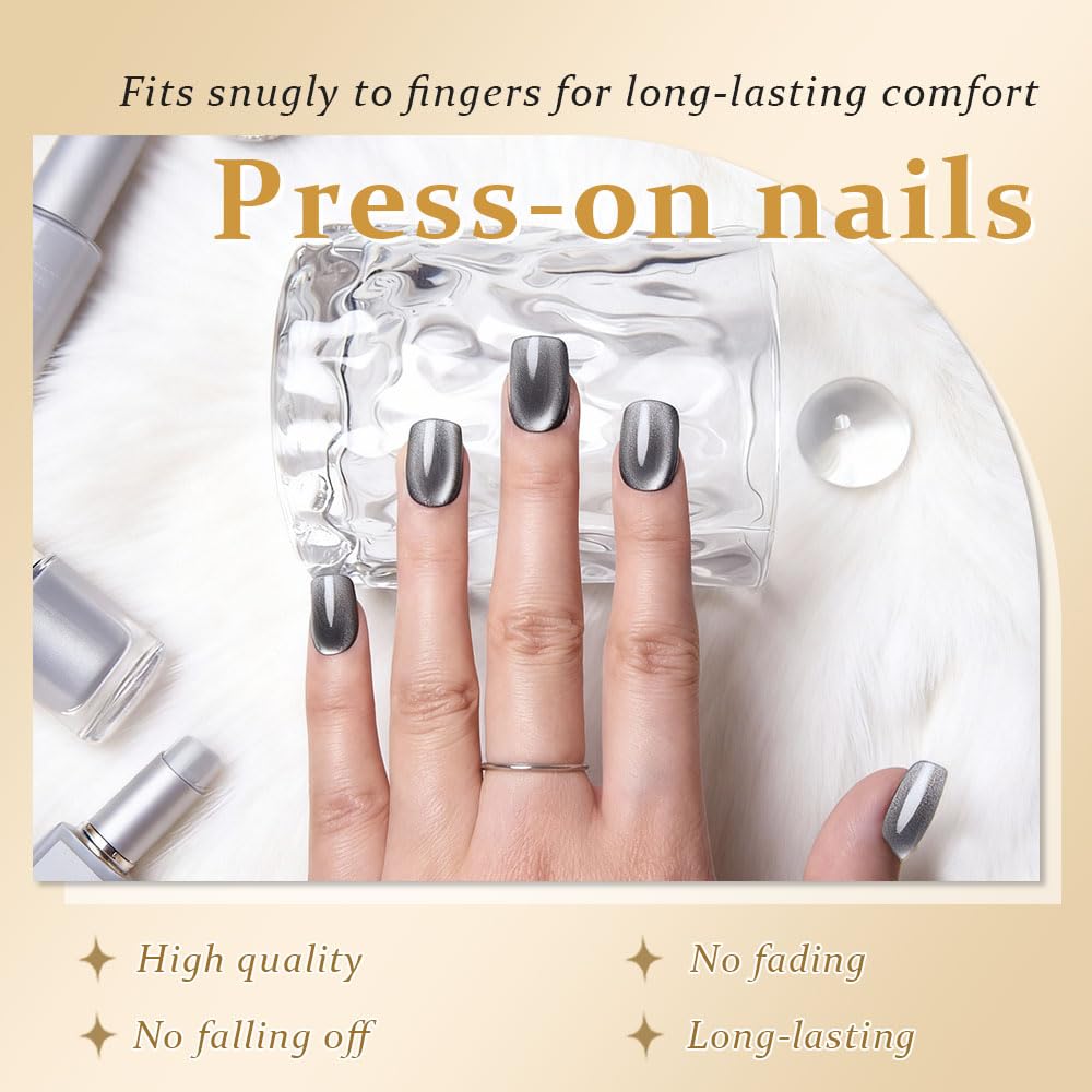 evpct Black Silver Cat Eye Press on Nails Short Square No Glue, Short Square Stick on Nails for Women Gift, Silver Grey Gray Metallic Glitter Shimmer Reusable Press on Acrylic Fake Nail with Design