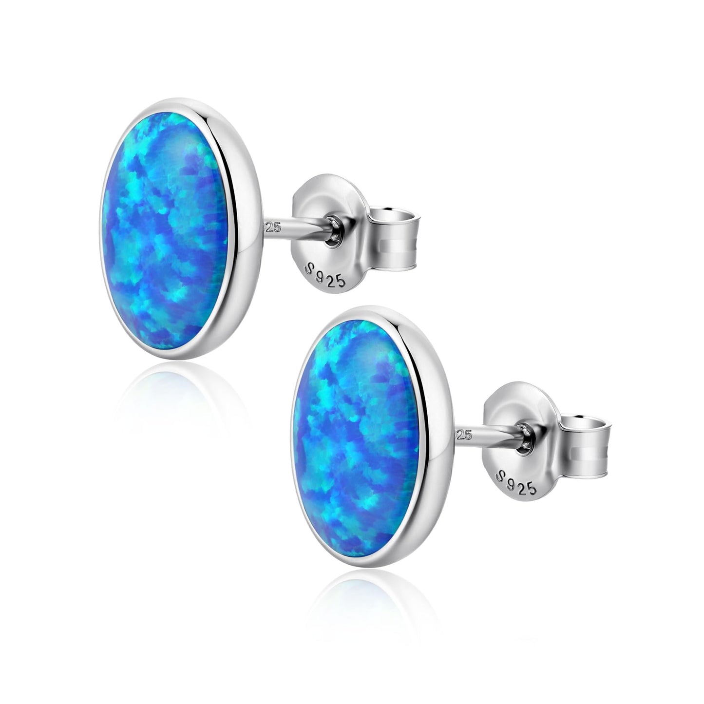 JiayangJY Silver Blue Fire Opal Stud Earrings for Women 18K White Gold Plated Sterling Silver Oval Shape 7mm Opal Earrings with Push Back