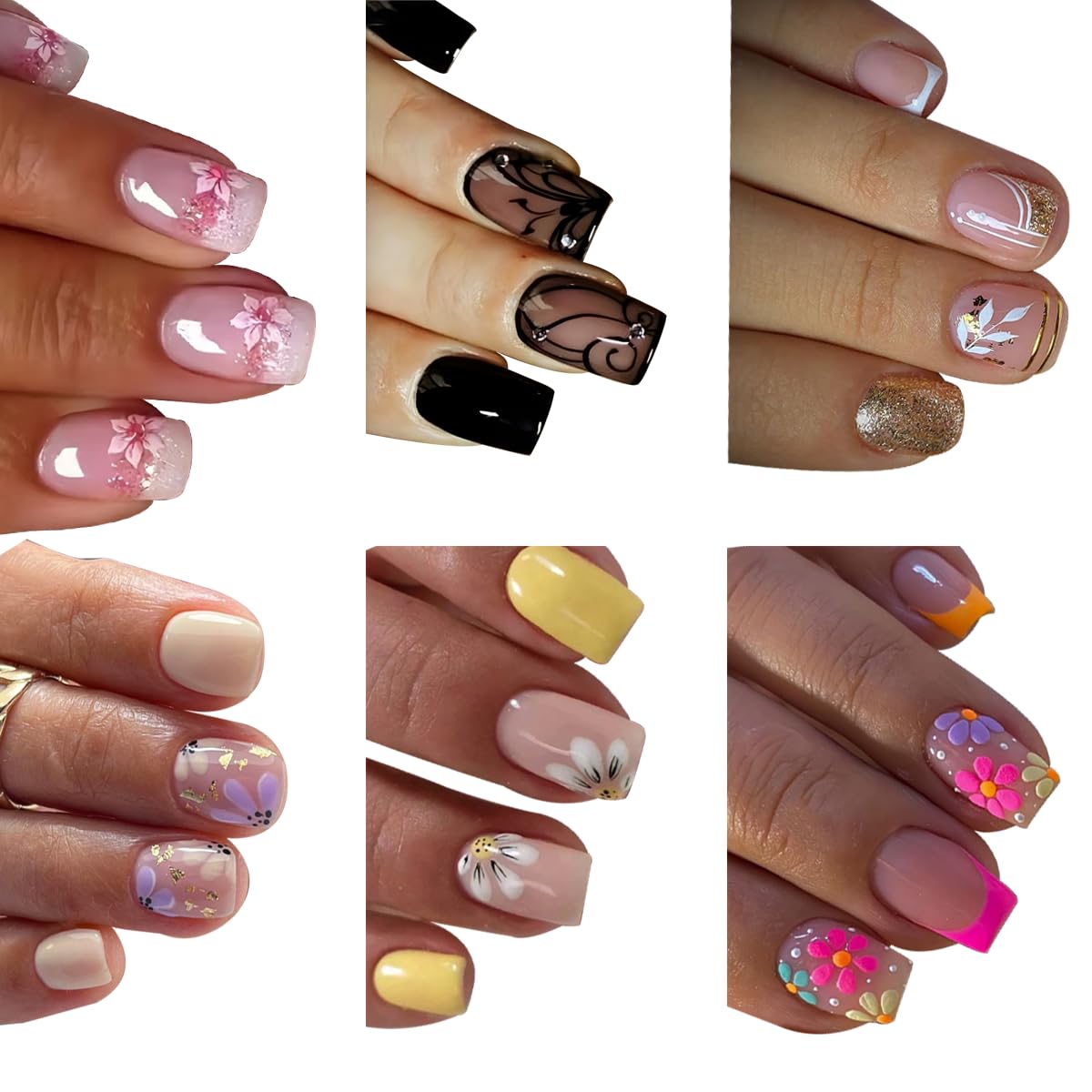 6 Packs (144 Pcs) Short Press on Nails Square Fake Nails Flower Press on Nails Summer Spring Acrylic Glue on Nails Full Cover Cute False Nail Tips Stick on Nail for Women Manicure 12 Size - 6 Style