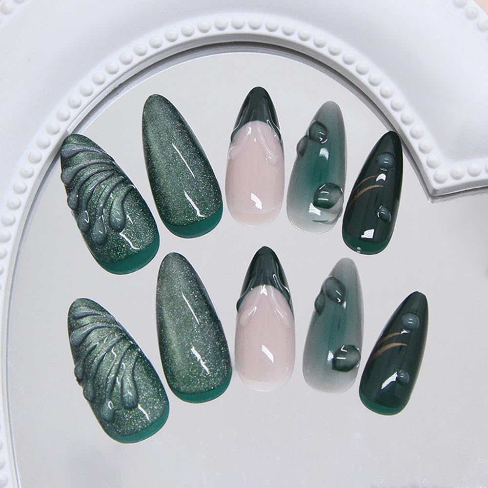 24 Pcs Glitter Green Press on Nails Short Almond,MINGCHUN Summer French Fake Nails Press ons Acrylic Nail Art Tips Kit Full Cover False Nails Glue on Nails with 3D Texture Cat's Eye Design for Women