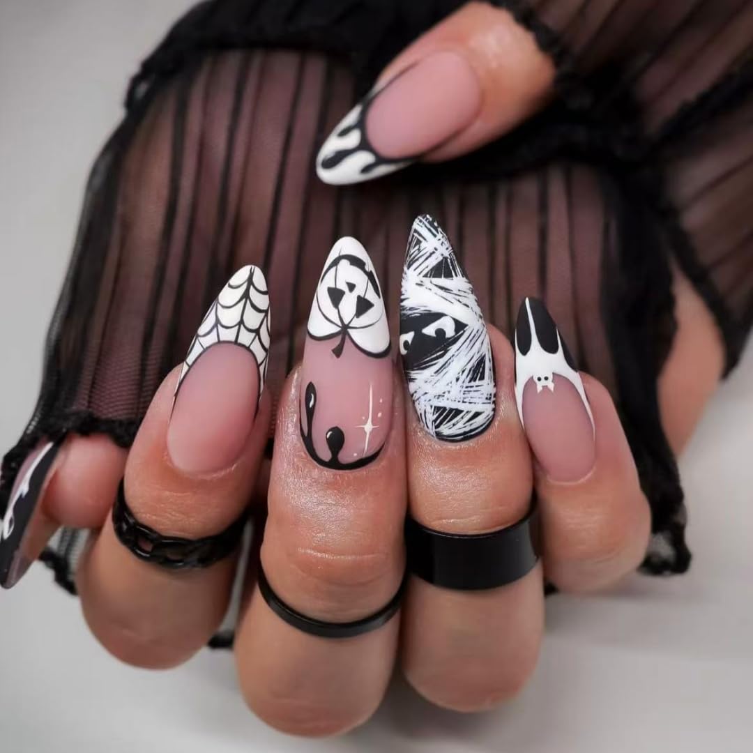 10Pcs Halloween Handmade Press on Nails Almond French Tip Fake Nails Halloween False Nails Spider Web Pumpkin Glue on Nail (MT-149-M)