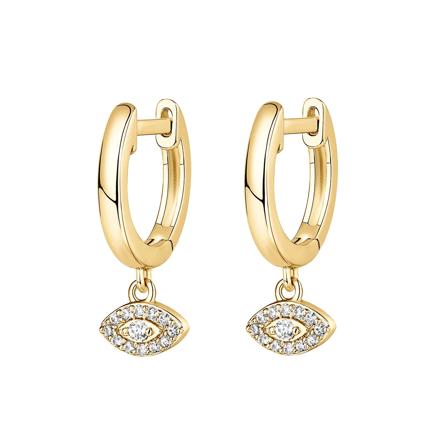 PAVOI 14K Yellow Gold Plated 925 Sterling Silver Post Good Luck Dangle Huggie Hoop Earrings For Women - Trendy Evil Eye Drop Hoop Earrings - Cubic Zirconia Small Hinged Huggies