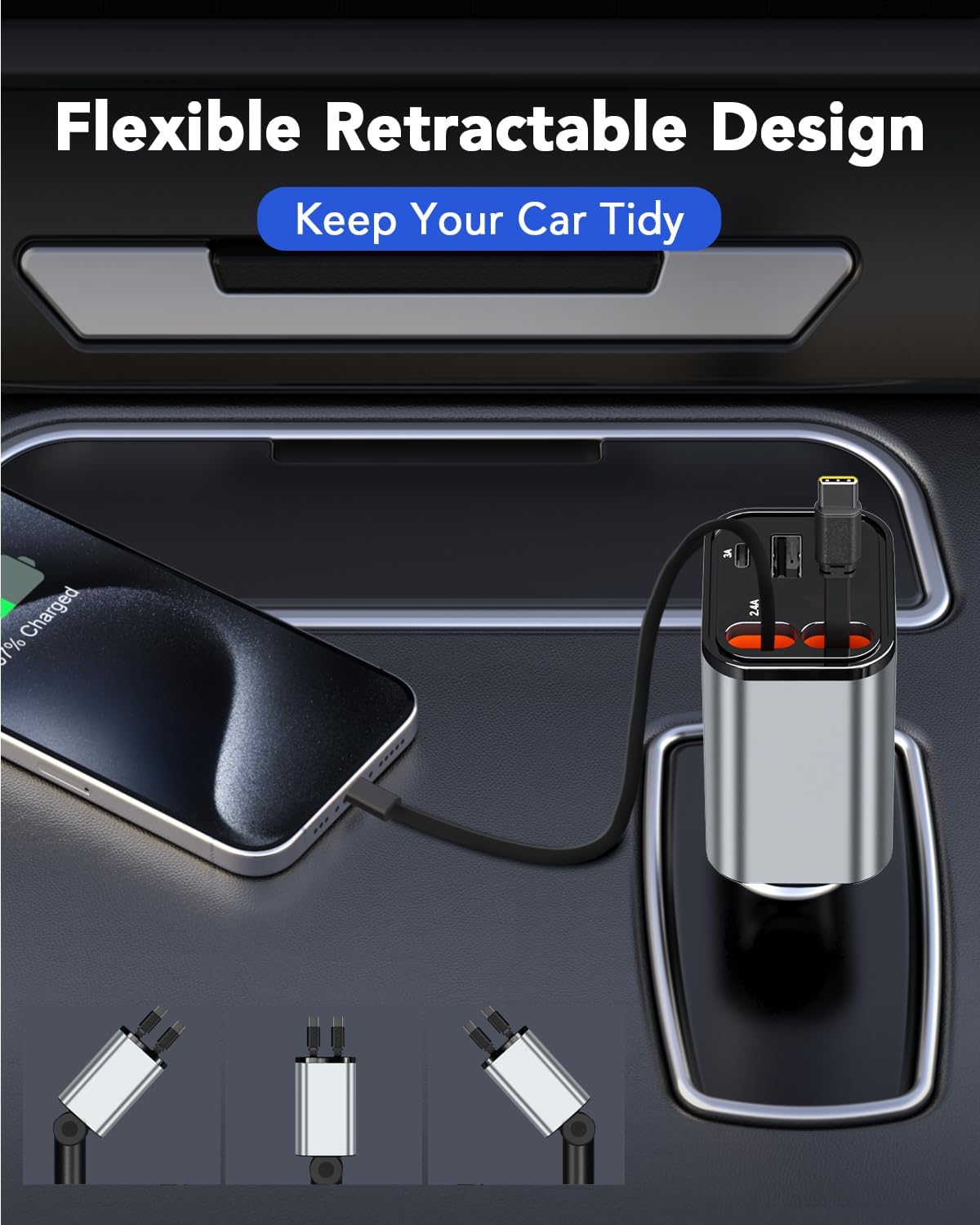 Retractable Car Charger, 4 in 1 Fast Car Phone Charger 66W, 2 Retractable Cables and 2 USB Port, Compatible with iPhone 16/15/14/13/12/11,Galaxy,Pixel