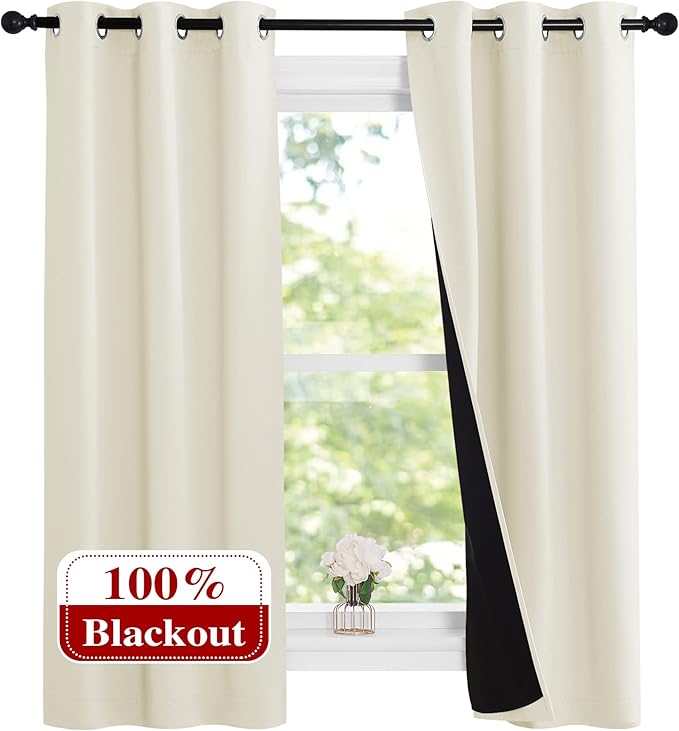 NICETOWN Cold Reducing Curtains, Kitchen Short Full Blackout Curtain Panels, Great Job for Blocking Light, Complete Blackout Draperies with Black Liner for Night Shift (Beige, Set of 2, 37 by 63-inch)