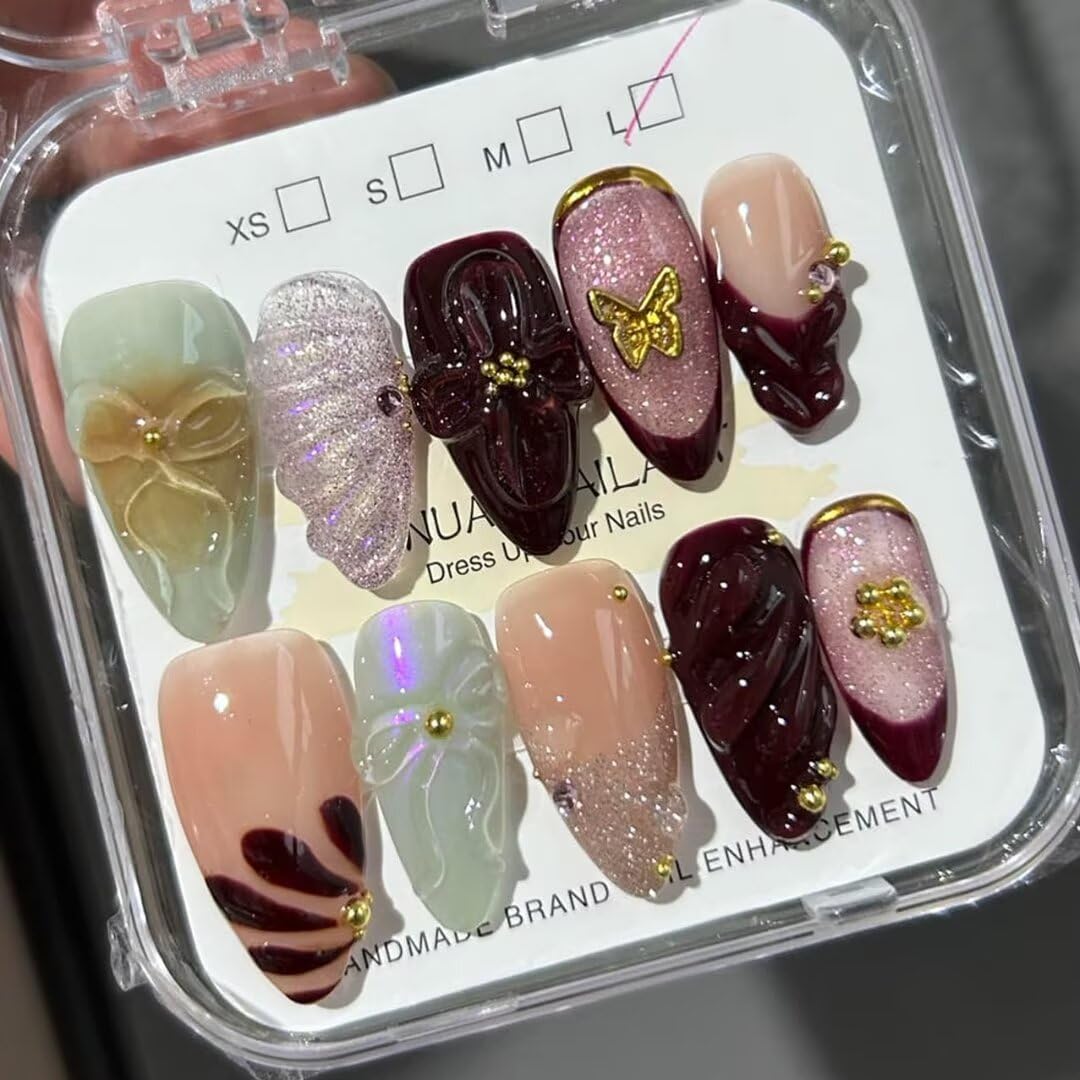Medium Press On Nails -Purple, Handmade Medium Almond Fake Nails, Artistic Design, False Nails, Reusable, Supremely Fit Natural Stick On Nails10 Fake Nails Kit-M size
