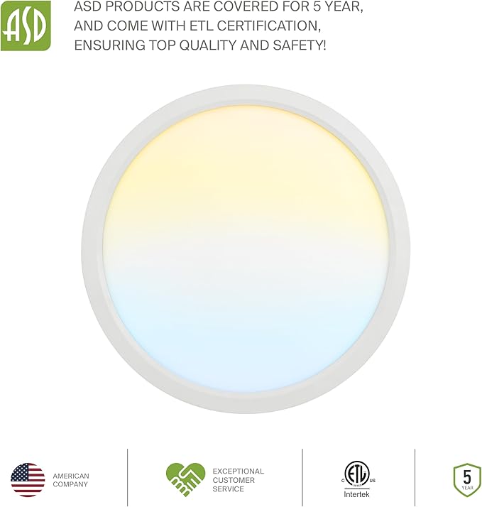 ASD LED 18" Round Flush Mount Ceiling Light Fixture, Low Profile Surface Lighting | 5CCT, Dimmable, Ultra-Thin, ETL Listed | 32W 2600LM 2700-6000K 100-277V | Kitchen, Hallway Lamp | White, 4 Pack