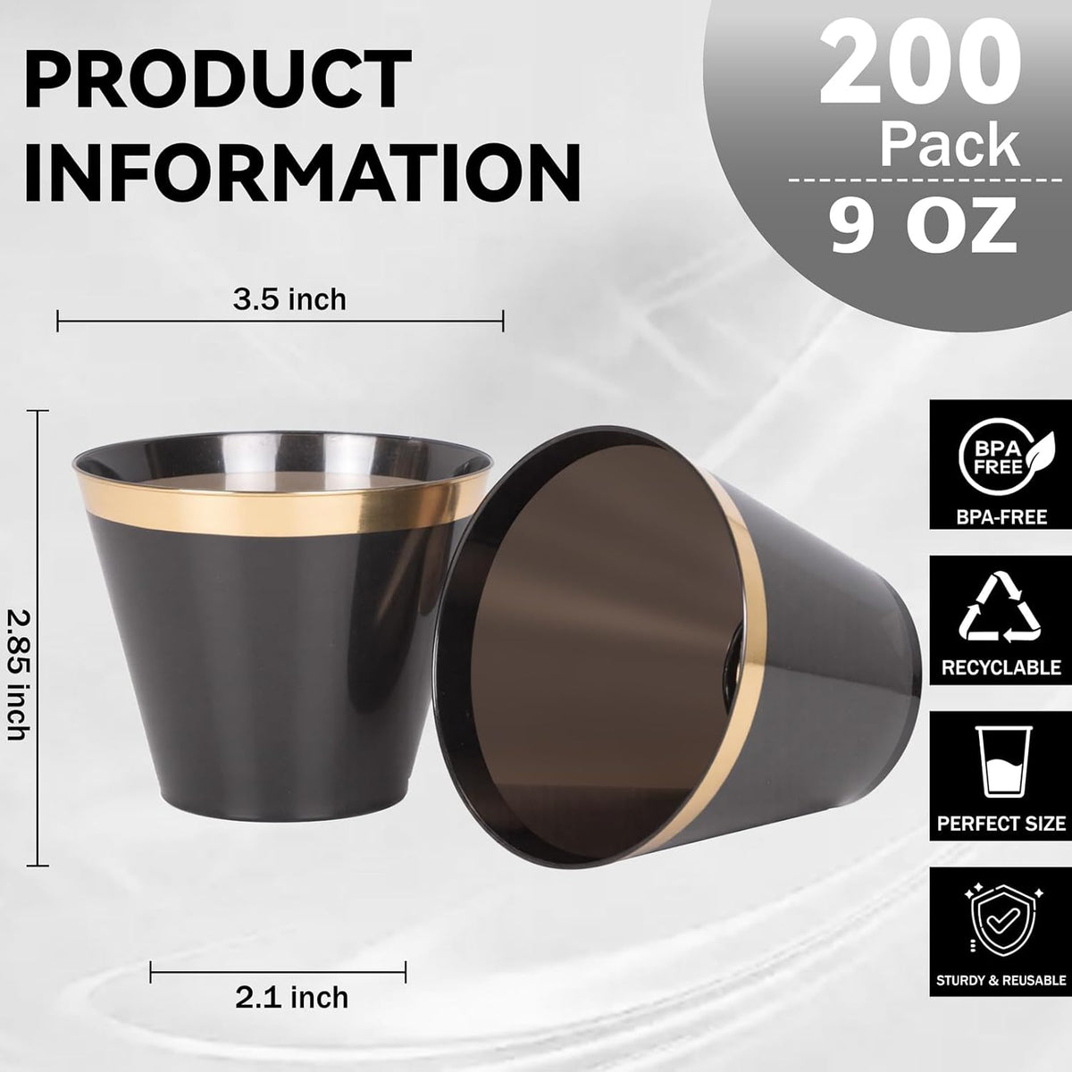 supernal 200 Pcs Gold and Black Plastic Cups-9oz Heavy Duty Plastic Cups,Gold Rimmed Disposable Cups,Disposable Wine Glasses Perfect for Wedding,Birthday Parties,Thanksgiving,Christmas