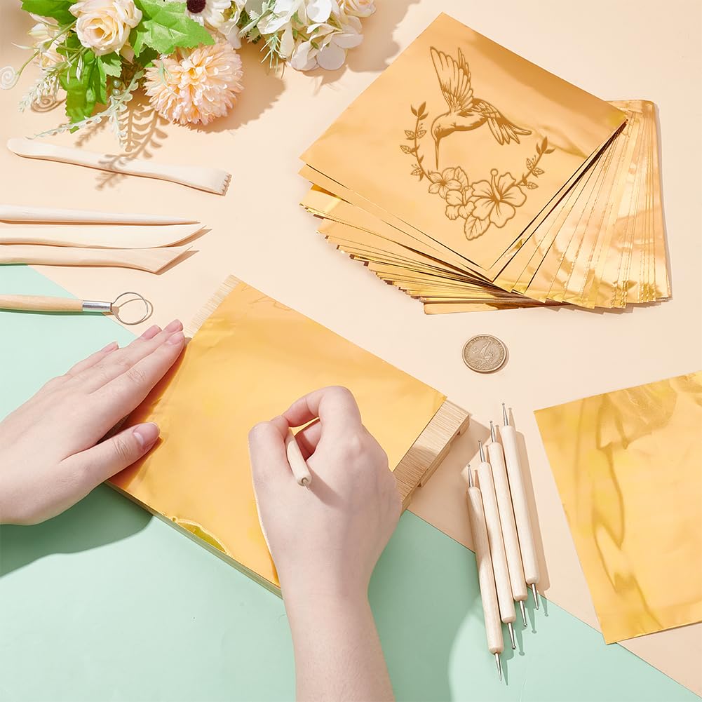 AHANDMAKER 100 Sheets Heavy Duty Aluminum Foil Sheet, 6 x 6 inch Gold Flashing Square Tin Foil Heavy Duty Board for Painting Engraving Embossing Mounting Art Project Crafts, 0.07mm Thick