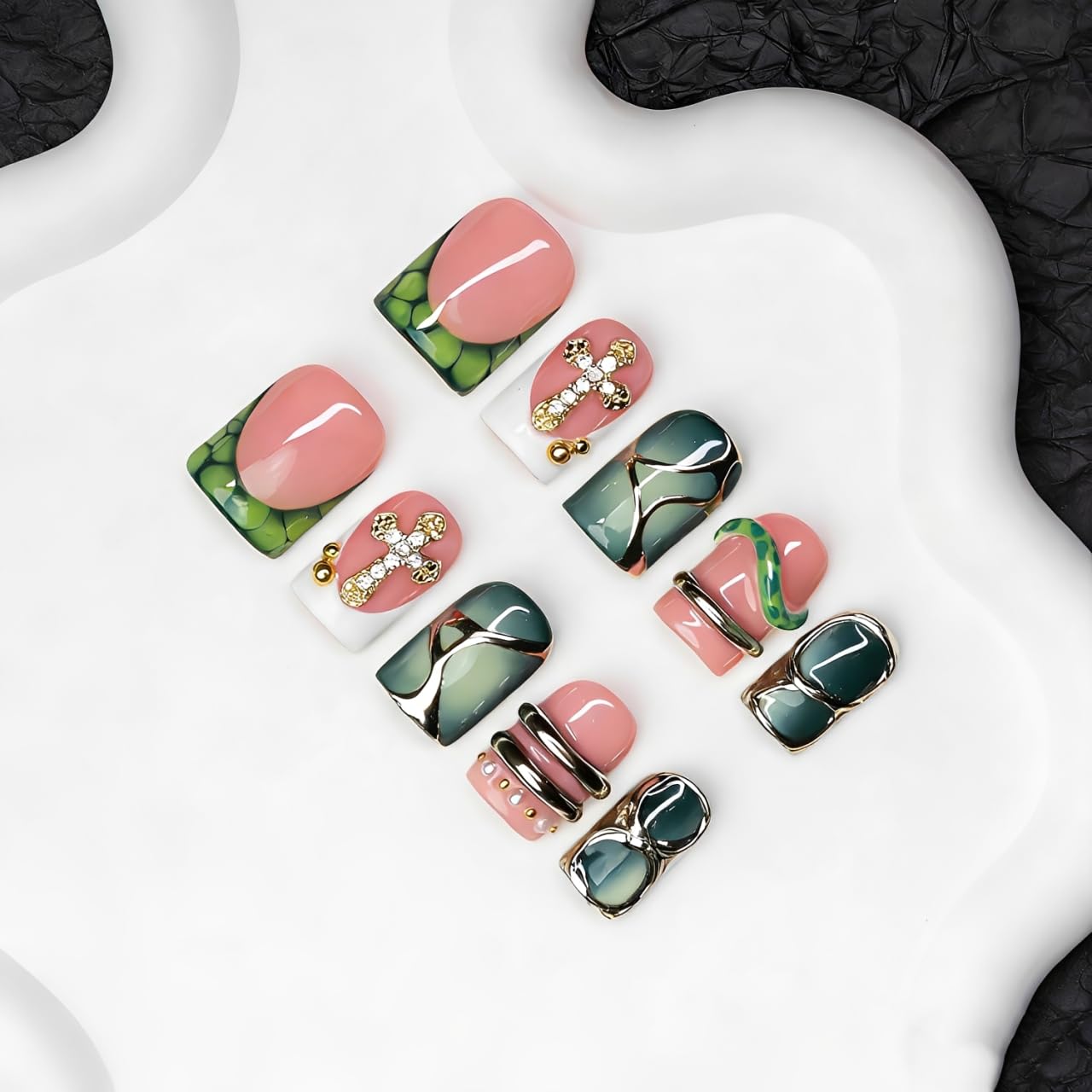 Handmade Square Press on Nails Green French Tip Short Stick on Nail 3D Silver Embossed Designs Luxury Rhinestone Pearl False Nails Muti-Layer Gel Acrylic Nails for Women Manicuare 10 Pcs（S)
