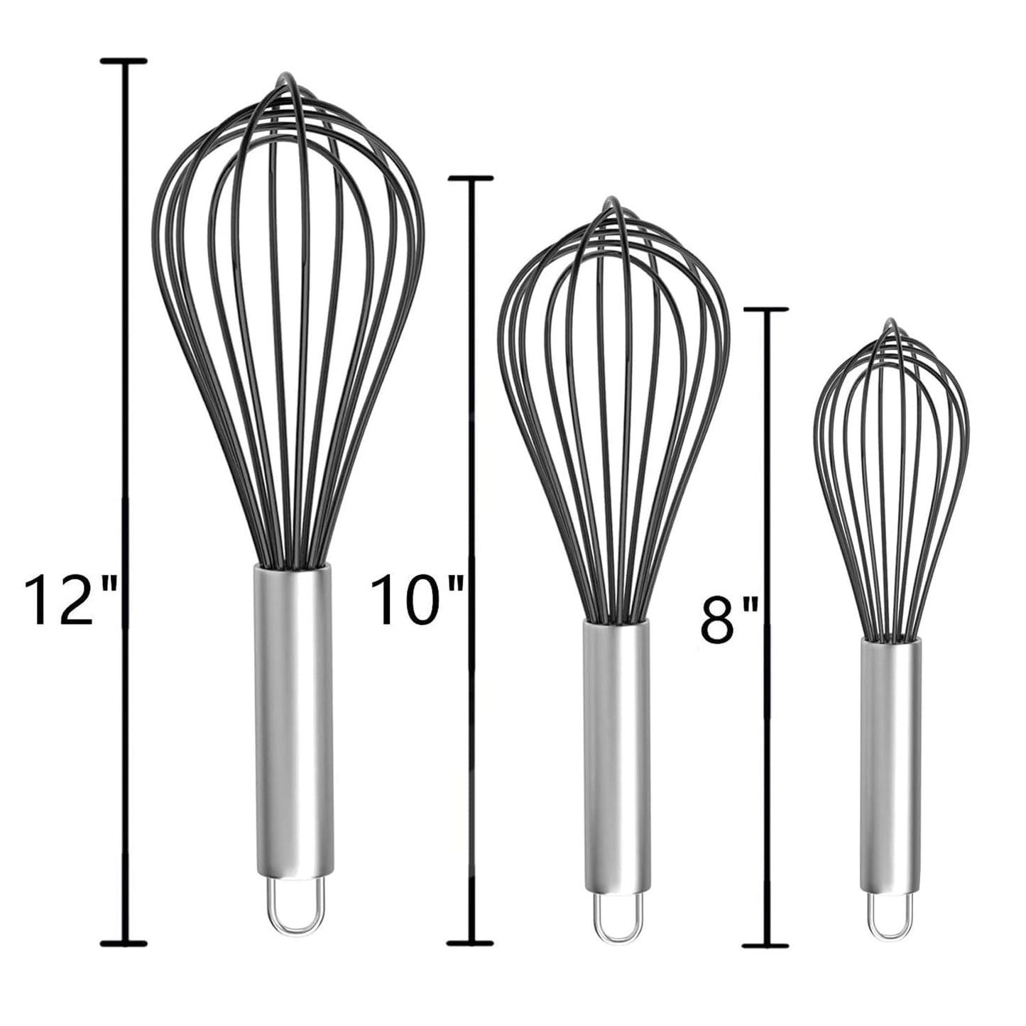 Silicone Whisk, Stainless Steel Wire Whisk Set - 3 PCS Rubber Whisks for Cooking, Non-stick Cookware, Kitchen, Balloon Egg Beater Perfect for Blending, Whisking, Black