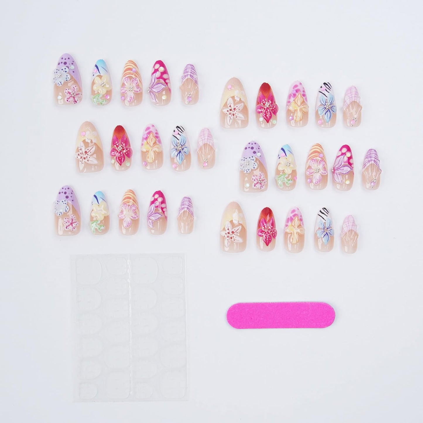 3D Flower Press on Nails, Medium Almond Shaped Colorful Floral Fake Nails with Rhinestone Designs,Cute False Nails with Glue Tabs Reusable Acrylic Stick on Nails for Summer Beach Vacation 30Pcs
