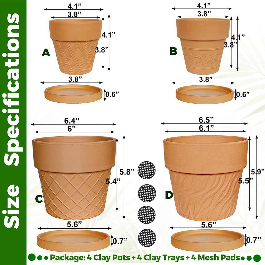 MUZHI 4Sets Round Terracotta Pot with Drainage Tray 6.5” 4.1”, Decorative Breathable Patterned Clay Plant Planter Pot Indoor Outdoor Plants Flowers Succulents Herbs cactus (4 Pack Cylindrical Pots)