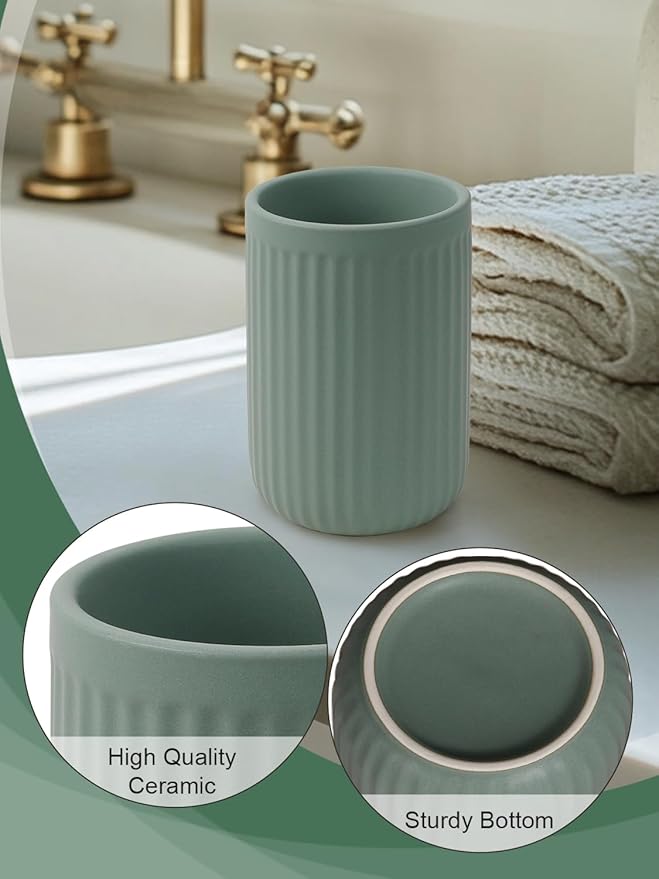 INGOFIN Ceramic Toothbrush Holder, 12 oz Toothpaste Holder Bathroom Cup, Tooth Brush Holder for Vanity Countertop, Organizer Storage for Cosmetic, Makeup, Office Pencils, Matte Green