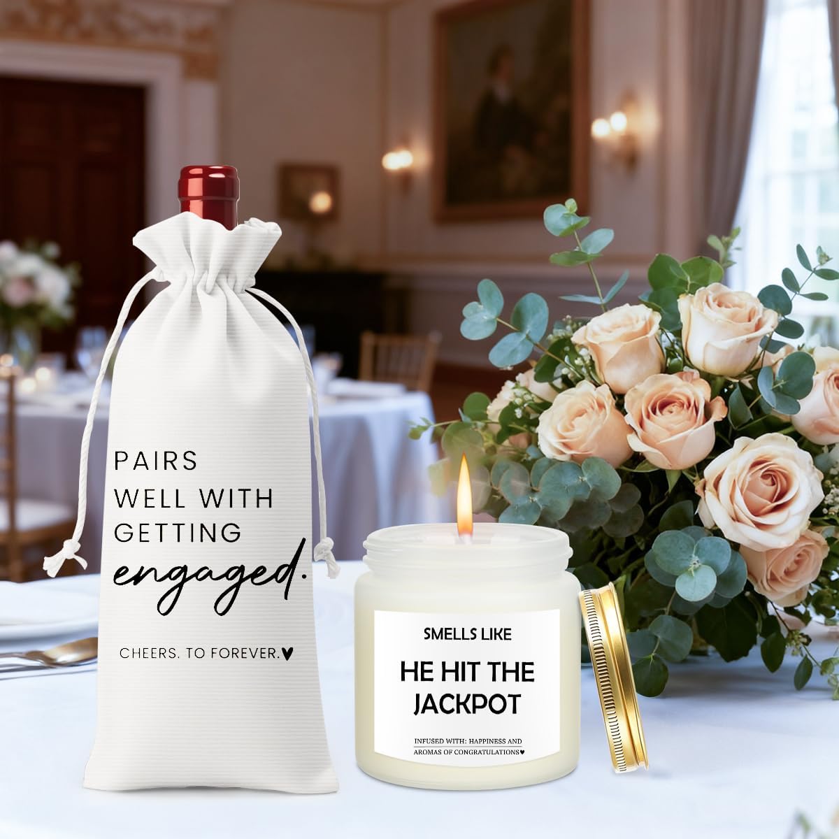 Engagement Gifts for Couples Her Engagement Party Decorations Gift for Couple Wine Bag Scented Candles Set Pairs Well with Getting Engaged Gifts Smell Like He Hit The Jackpot White Wine Bag