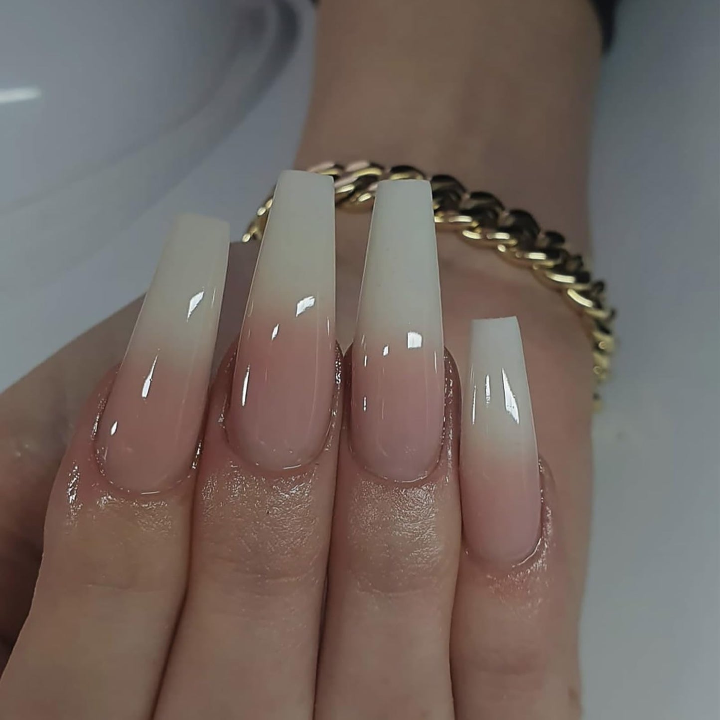 24Pcs French Tip Press on Nails RTKHFZE Extra long Ballet False Nails Coffin Full Cover Fake Nails with Jelly White Gradient Designs Acrylic Nails Press Ons Stick on Nail for Women Manicure