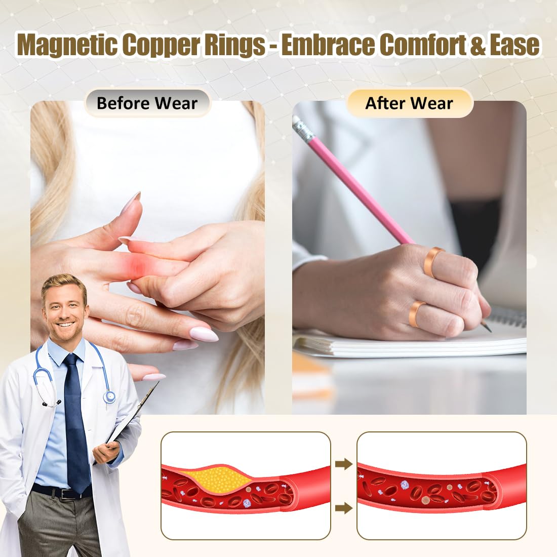 Vicmag 2PCS Magnetic Copper Rings for Women & Men,99.99% Pure Copper Ring with 9X Magnets Gift Adjustable