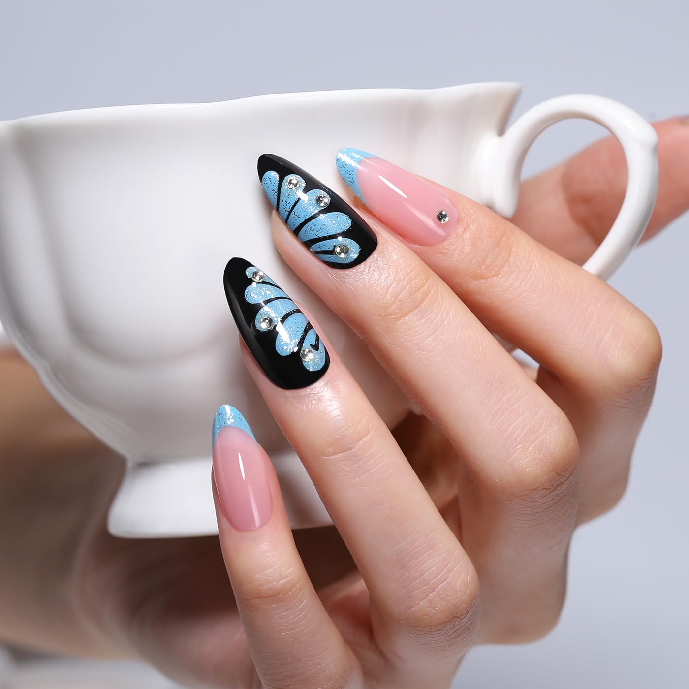 Goolich Nude Pink Press On Nails Medium Almond,Y2k Butterfly French Tip Nails Press ons Set with Adhesive Tabs, 24 Pcs 12 Size Reusable Full Cover Glue on Nails for Women