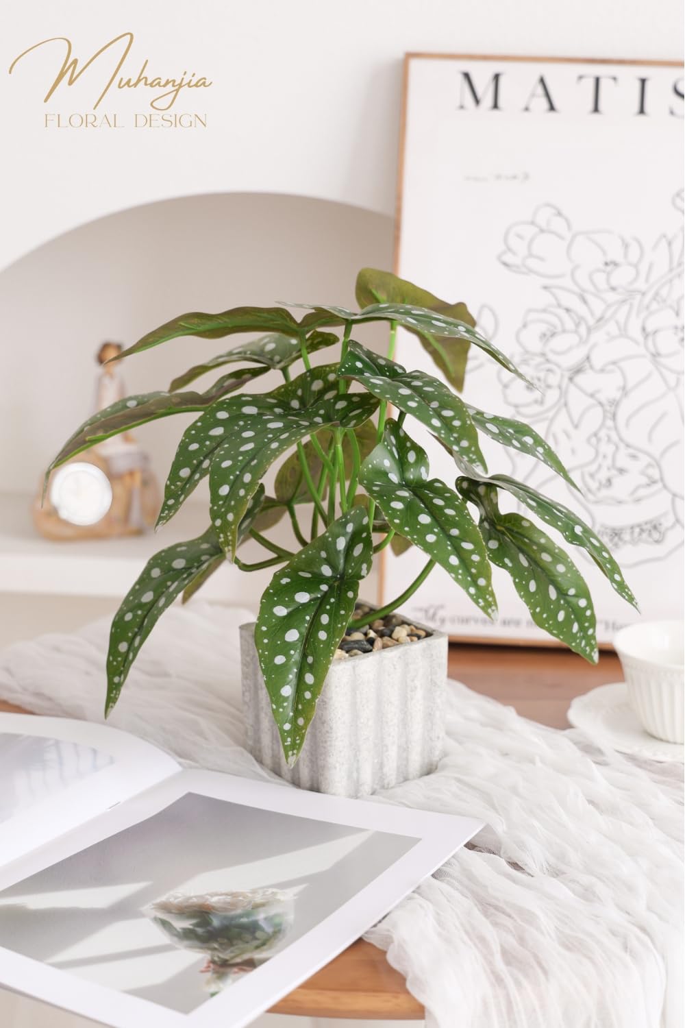 Muhanjia Artificial Potted Plant, Lifelike Faux Greenery in Decorative Cement-Look Square Pot for Indoor Home Decor Centerpieces (Polka Dot Begonia)