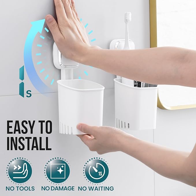 TAILI 2 Pack Suction Toothbrush Holder for Shower Wall, No Nail, No Glue! Self-draining Shower Cup for Toothpaste, Toothbrush, Kitchen Tableware, Strong Suction Cup Razor Holders for Bathroom, White