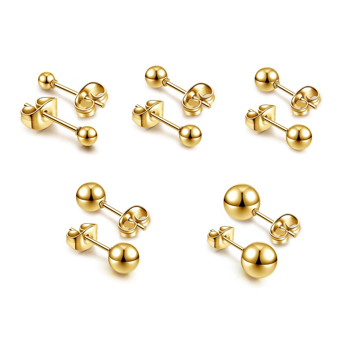 Top Plaza 10Pcs Hypoallergenic Stainless Steel Round Ball Earrings for Women Men Studs Earring Set 3mm-8mm(Gold)