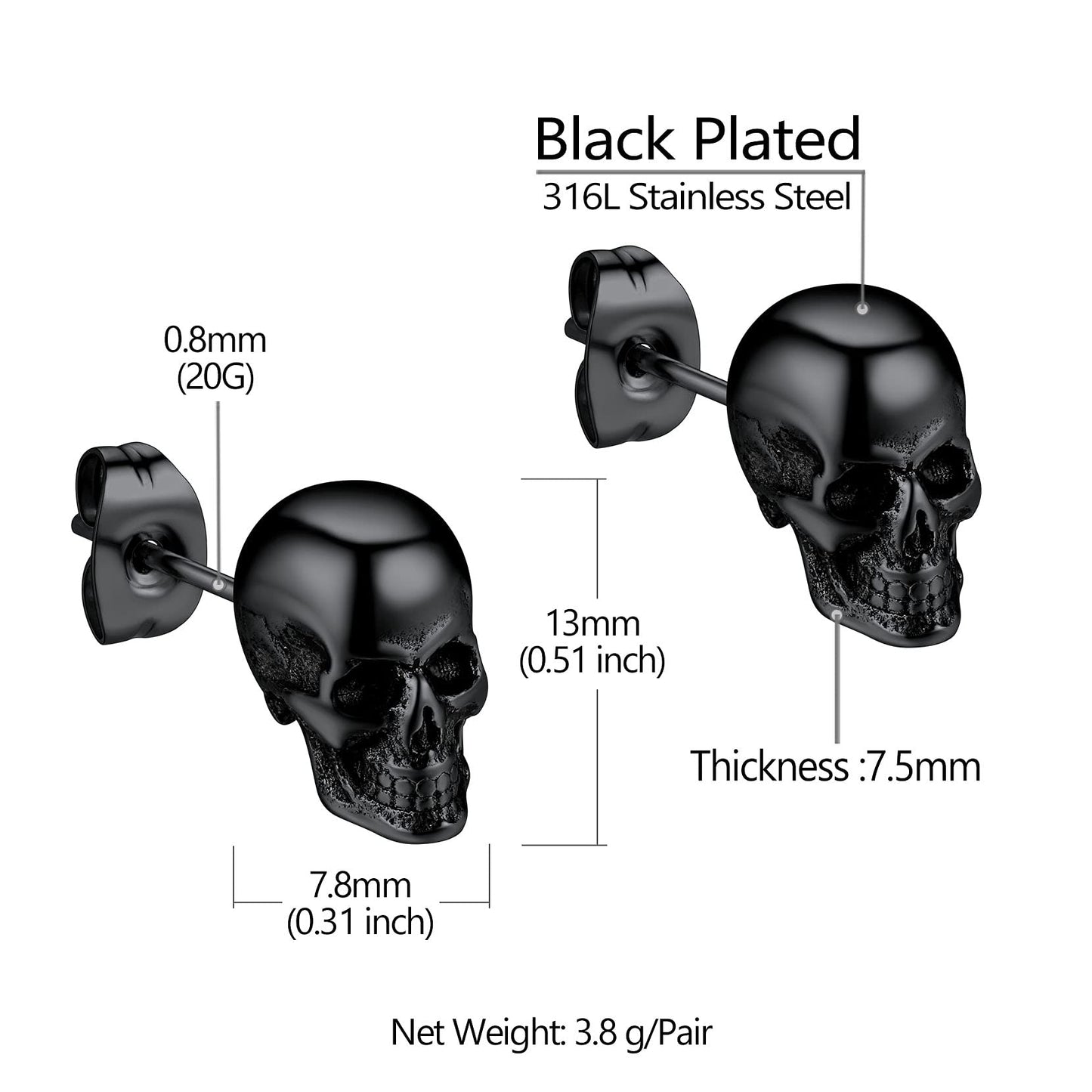 Piercing Skull Earrings for Men Black Stud Earring Punk Gothic Halloween Jewelry