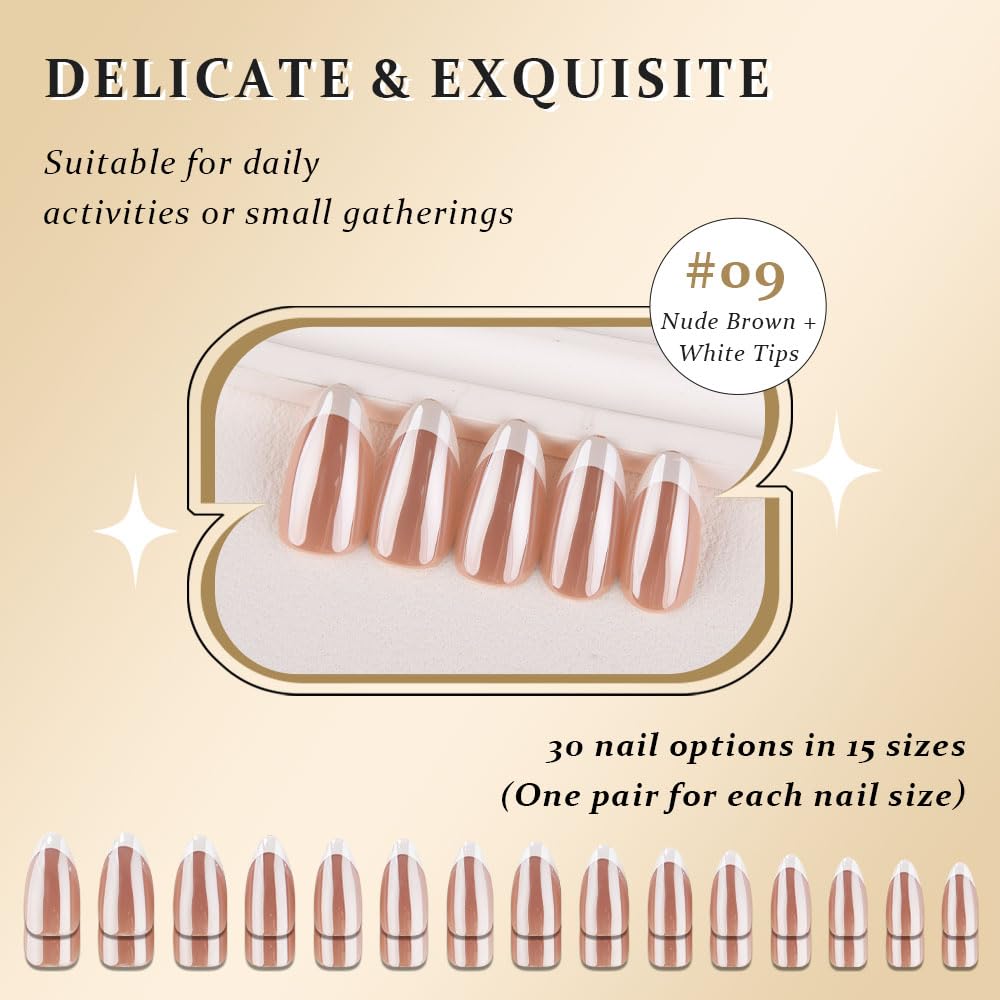evpct French Tip Press On Nails Medium Almond, Nude Brown + White Tips, Chrome Glazed Medium Almond Fake False Press on Nails, Soft Gel Stick on nail Press ons Nail Kit, Reusable Salon Quality