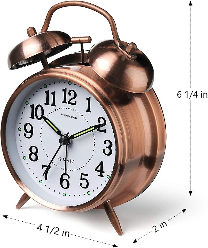 Peakeep Retro 4.5 inches Battery Operated Twin Bell Loud Alarm Clock | for Heavy Sleepers Adults, Old Fashioned Back to 80?€?s for Bedroom Desk Living Room Kids' Room Decoration (In-Bronze)