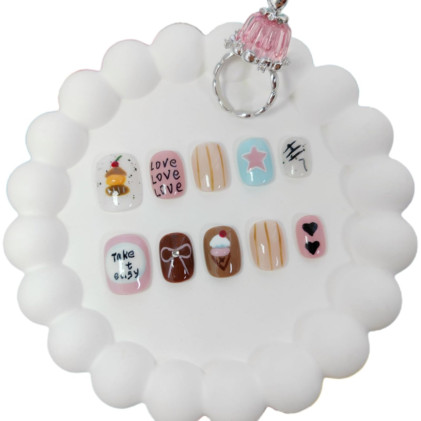 Extra Short Press on Nails Squoval False Nails Handmade with 3D Designs/Charms, Cute Reusable Fake Stick on Tips (Multi#X-Small)