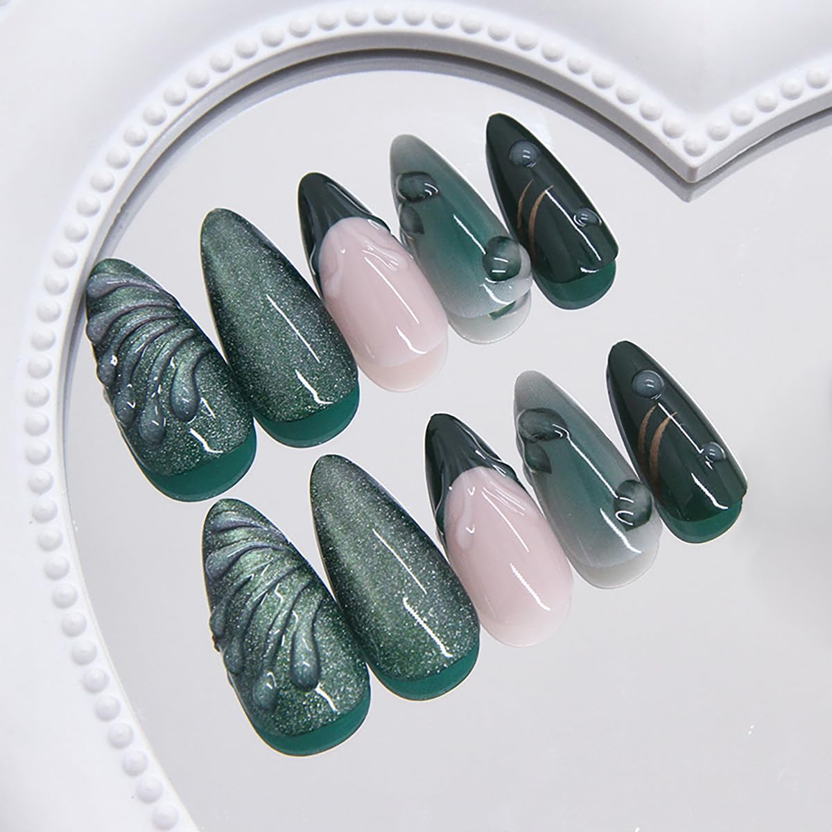 PODUOJIEYI 24Pcs Glitter Green Press On Nails Medium Almond Shape False Nails with 3D Leaf Water Ripple Designs Gold Star Glossy Acrylic Glue On Nails for Women DIY Manicure Salon
