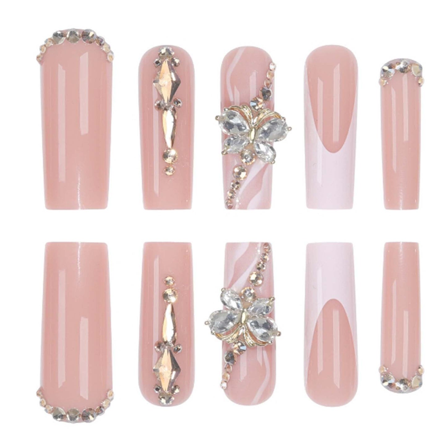 YoYoee Long Square False Nails 3D Butterfly Nails Tips Gradient Nude Press on Nails French Fake Nails for Women and Girls 24PCS