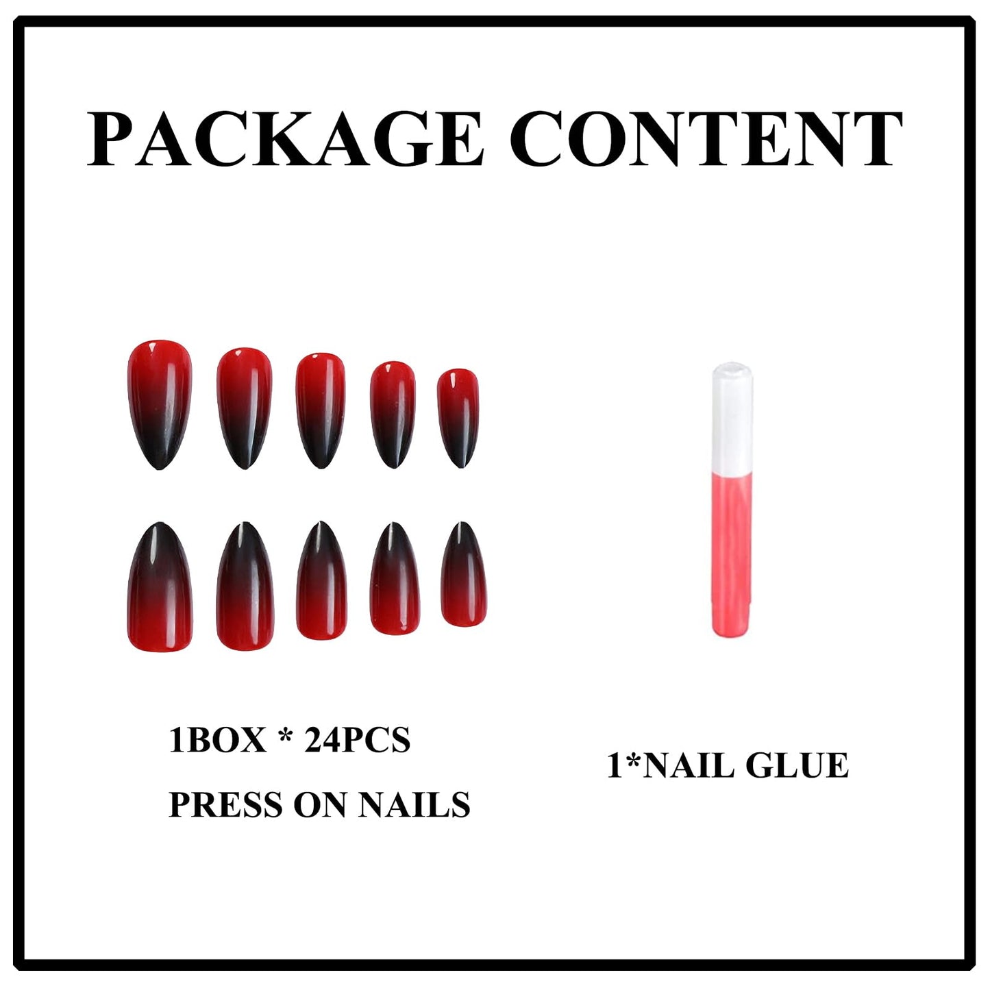 MERVF Press on Nails Medium Almond, Red and Black Ombre Fake Nails French Tip Blood Goth Glue ons Acrylic Nail Solid Color Design Supplies Glossy 24pcs