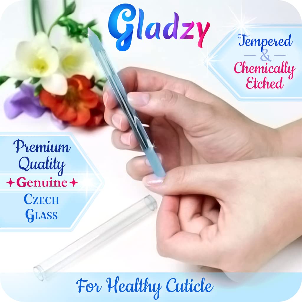 GLADZY Czech Glass Nail Buffer Set with Glass Nail File & Cuticle Pusher, 3 pcs Manicure Kit with Case, Multi-Functional Nano Shiner, Manicure Stick, Etched Crystal File for Natural Nails, Made in EU