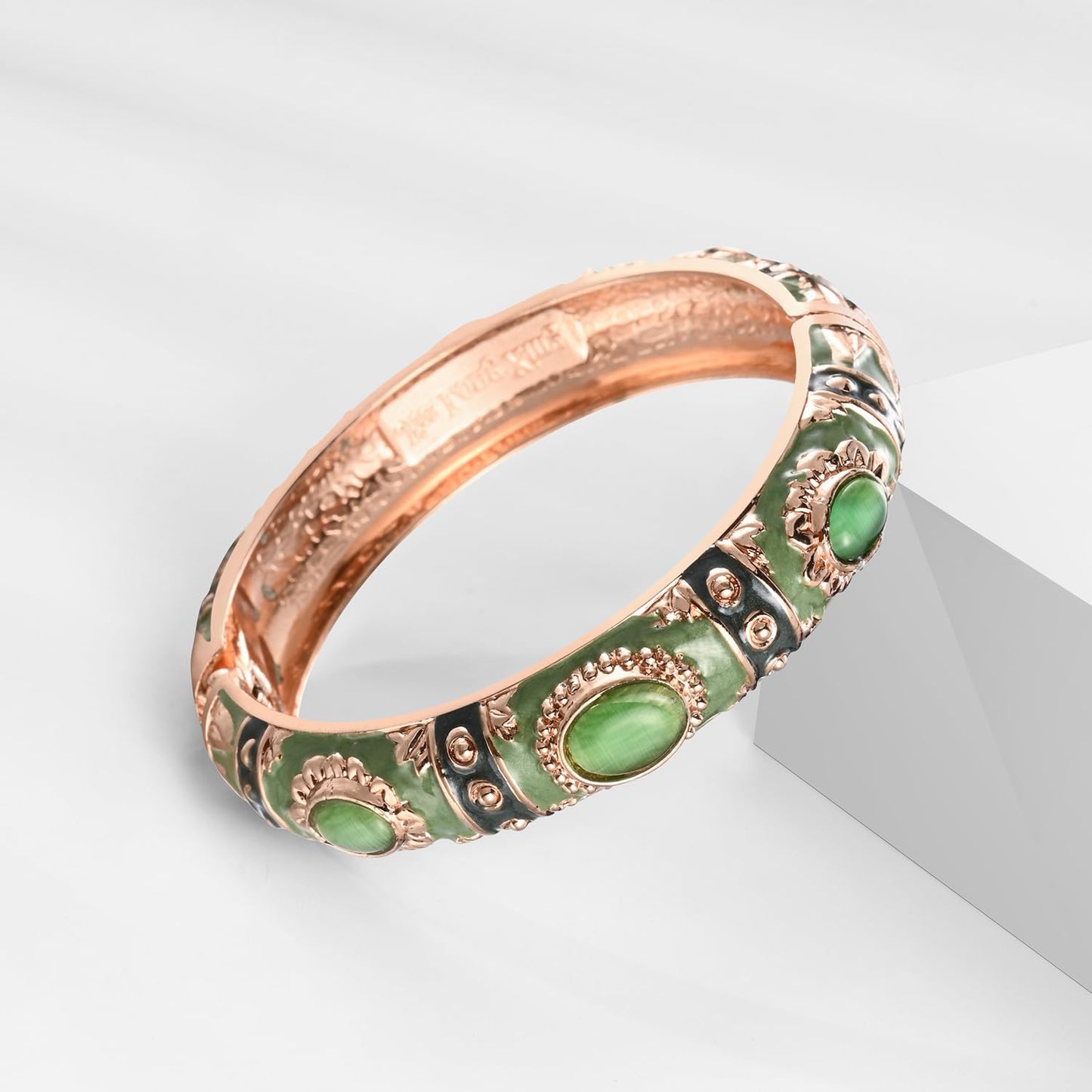 UJOY Vintage Cloisonne Jewelry Bracelet Gold Plated Handmade Bead Rhinestones Enamel Spring Cuff Bangles 2 Pcs Set for Womens Gift 7735-55A103 green