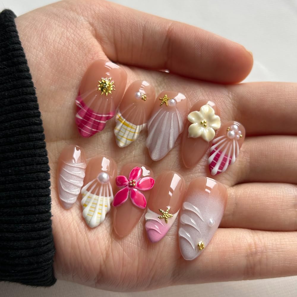 Medium-Size - Luxury Medium Almond 3D False Nails Women Reusable ABS Material Finger Printed Nail Tip French Salon Design Artificial Fingernail-M-size