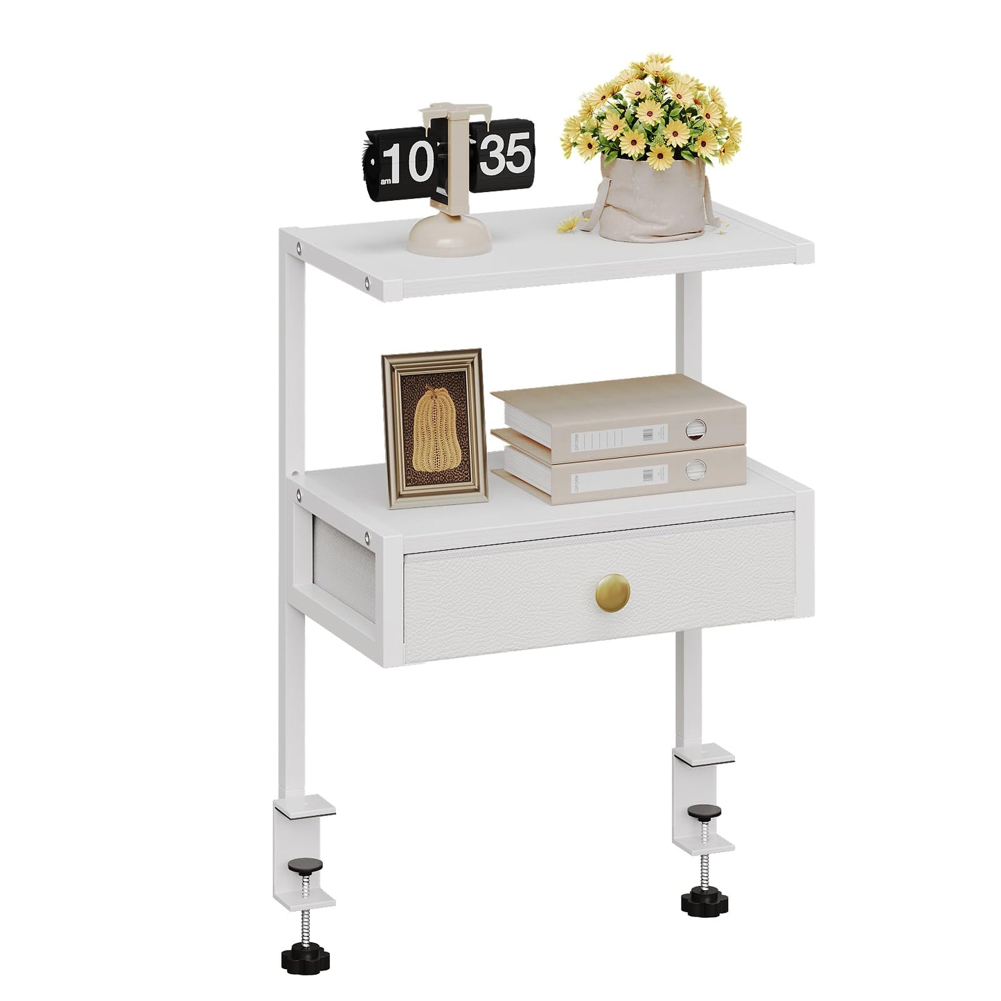 VENNQD Clamp On Desk Shelf, 2-Tier Desktop Organizer, Wood Desktop Supplies Tabletop Book Storage Rack with Adjustable Shelves for Table Working and Gaming Accessories, White