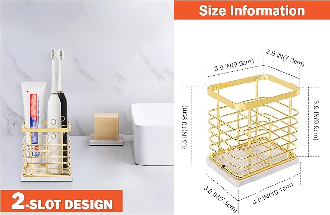 HarJue Toothbrush Holder, Luxurious Metal Toothbrush Toothpaste Holder with Marble Base for Bathroom, Multi-Slots Openwork Design, Bathroom Accessory for Storage and Organizer (Small, Gold)