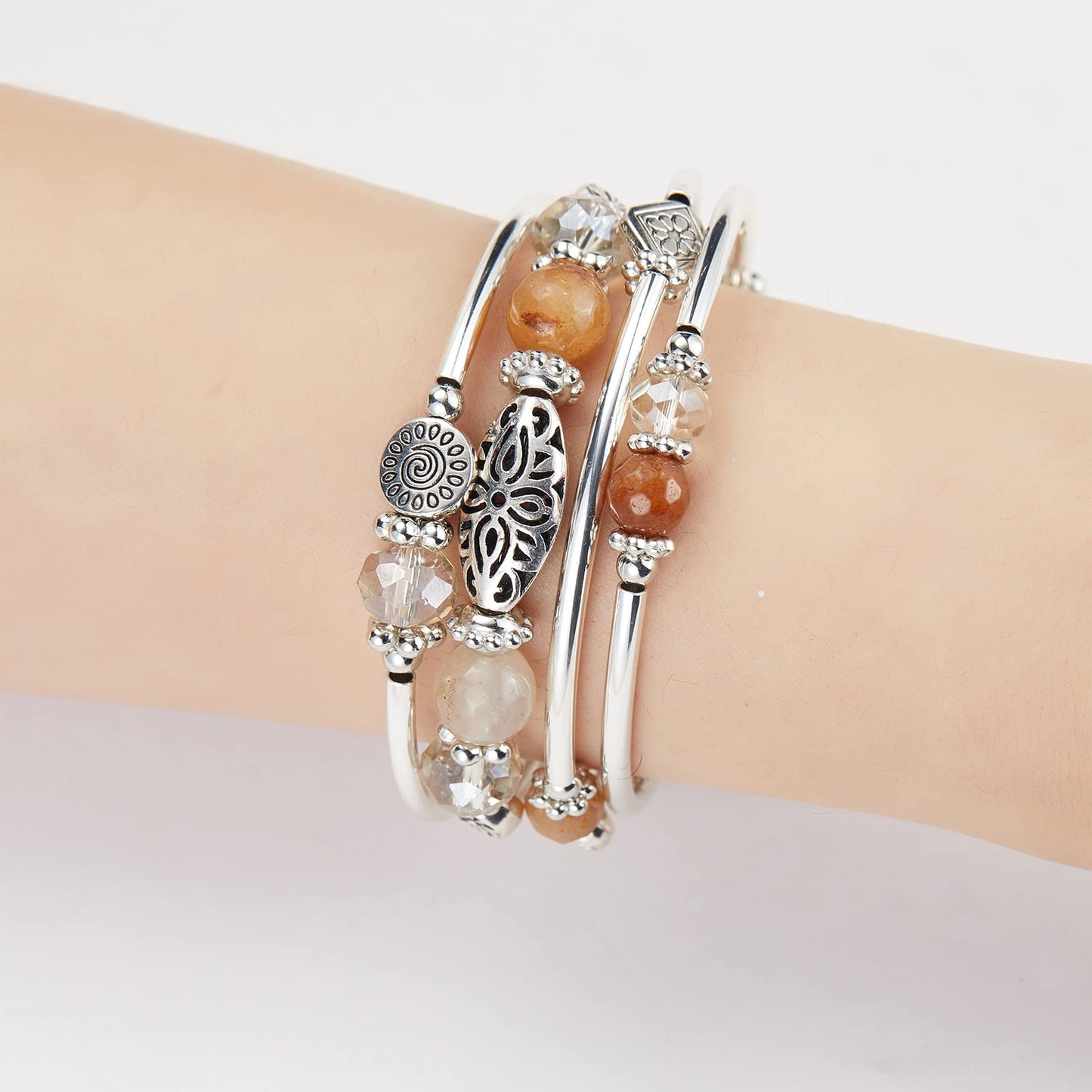 FULU AUTUMN Stackable Beaded Bracelets for Women Boho Wrap Silver Bracelet Layered Fashion Jewelry Gifts for Her(Brown)