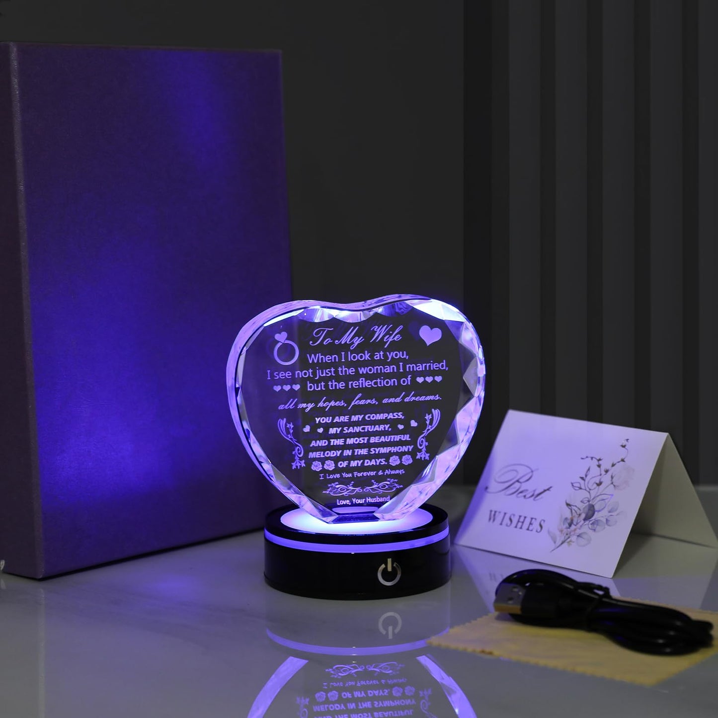 MysticGlitz Anniversary Romantic Gifts for Wife, Heart Crystal Keepsake Decor, LED Light Base Night Lamp, Thoughtful Birthday Gift for Her, Wedding Anniversary Present for Wife