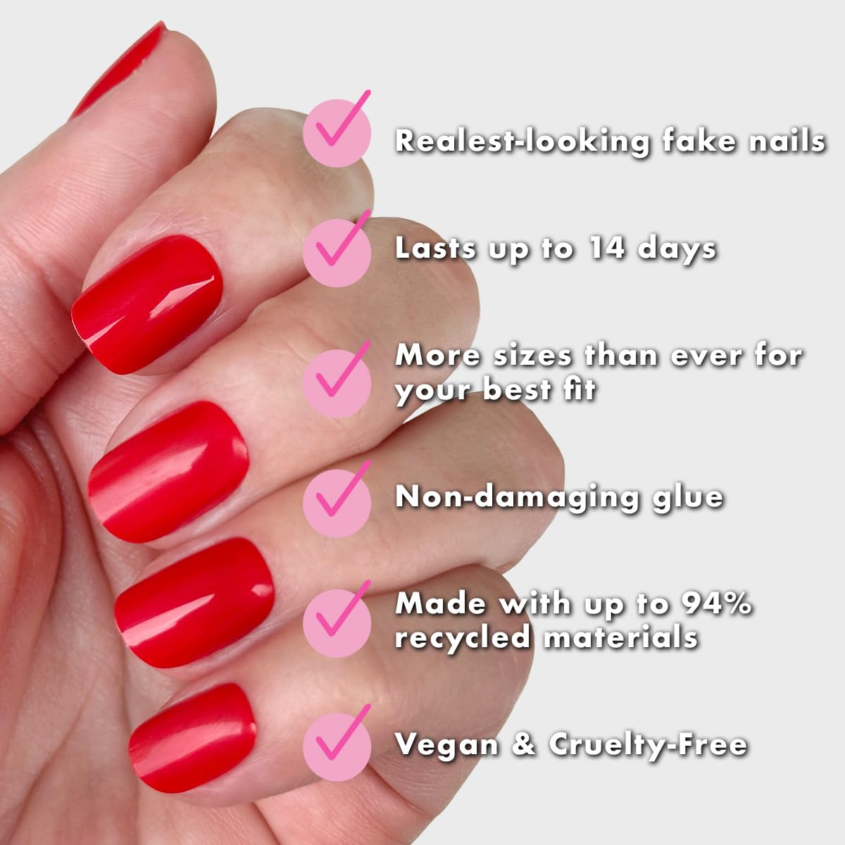 Olive & June Instant Mani Press-On Nails (Glue) | 42 Fake Nails, 21 Sizes | Non-Toxic, Long-Lasting Recycled Materials Realistic Look | Salon-Quality at Home | Short, Squoval | CV Cherry Red