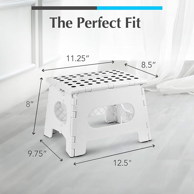 Handy Laundry Folding Lightweight Step Stool - Sturdy Enough to Support Adults and Safe Enough for Kids - Opens Easy with One Flip - Great for Kitchen, Bathroom or Bedroom (White - 8 Inch)