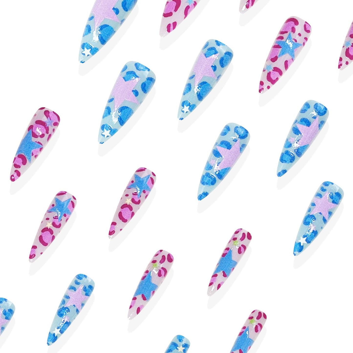 Long Stiletto Press On Nails Y2k Fake Nails Star With Leopard Print Design Pink Blue False Nails Full Cover Reusable Artificial Glossy Acrylic Nail Cute Stick On Nail For Women Manicure Art 24pcs