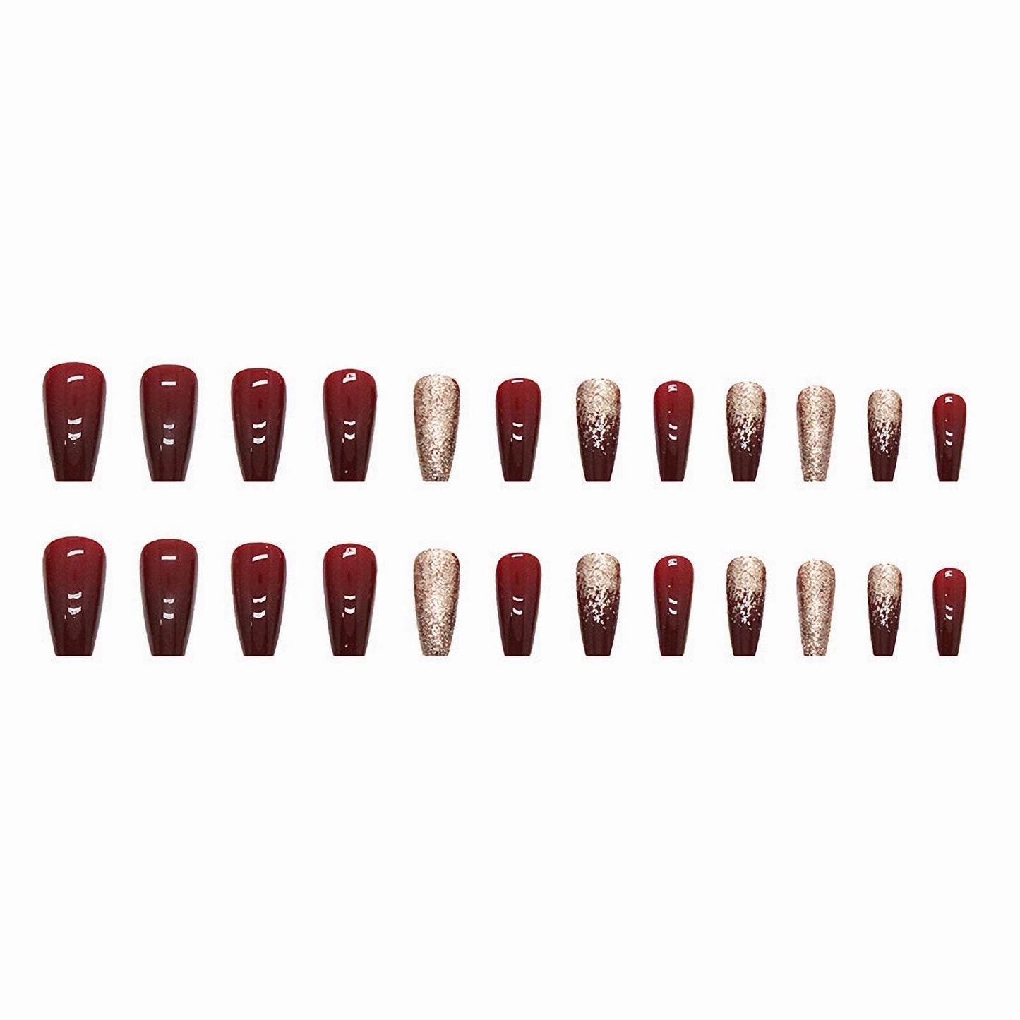 MISUD Press on Nails - Long Coffin Fake Nails with Wine Red, Acrylic Bling Gold Glitter Burgundy Design 24 pcs