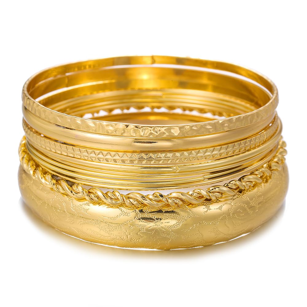 RINTOLER 10Pcs Chunky Gold Bangle Bracelets for Women - Multi Layer Stackable Textured Bracelets Indian Bangles Boho Jewelry Set (E-7PC-Gold)