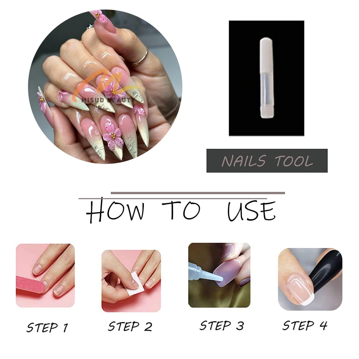 MISUD Press on Nails - Long Stiletto Fake Nails with Green Cat Eye, Acrylic Handmade Pink Flower Design 24 pcs
